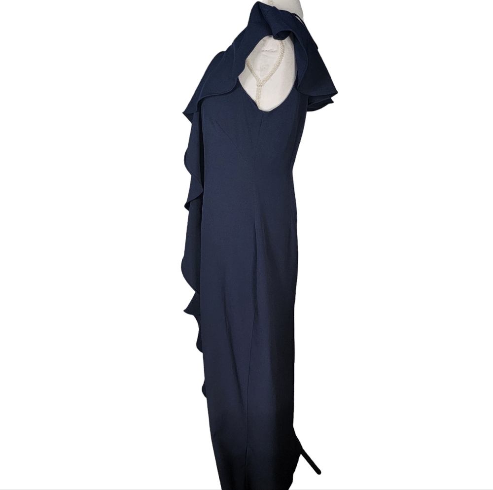 Eliza J Women's Dress Size 10 One Shoulder Ruffle Navy Maxi Gown Side - Picture 14 of 15